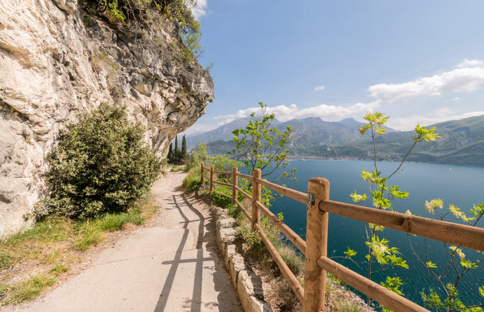 The Ponale is carved into the rock in Riva del Garda. Photograph: Isaac 74/Getty Images