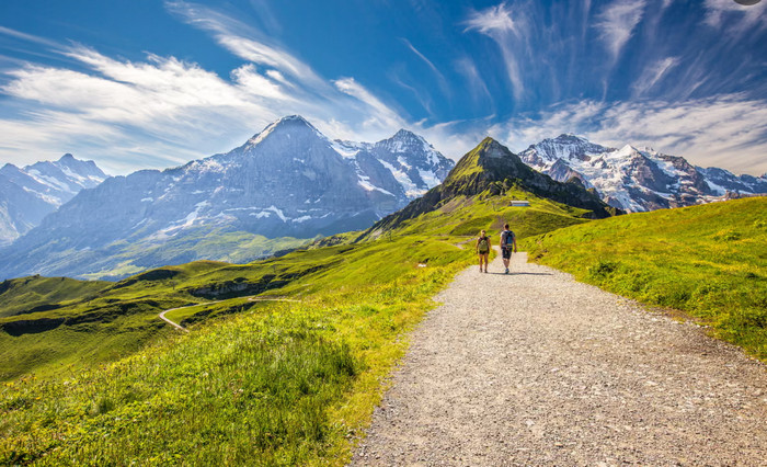 The hike to Kleine Scheidegg gives great views of the Bernese Alps, including the Eiger, Jungfrau and Mönch. Photograph: Eva Bocek/Alamy
